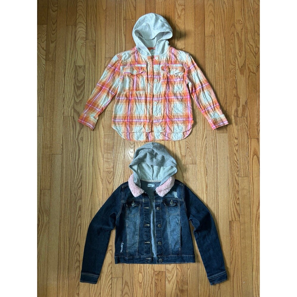 Girls flannel jacket denim sherpa plaid fall winter holiday layering hooded